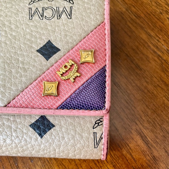 MCM Visetos Studded Trifold Wallet Paste Pink Purple - Picture 2 of 14